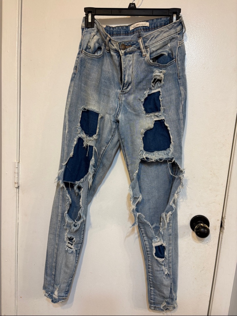 Almost Famous Light Blue Ripped Skinny Jeans with Dark Blue Patch Insets